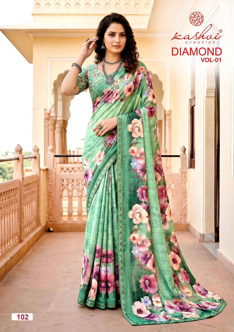 DIAMOND VOL 01 By KASHVI CREATION 101 To 108 Series Indian Traditional Wear DULL MOSS VISCOSE sarees At Wholesale Price